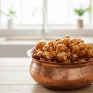 "Aved's Group Jaggery Makhana packet, a healthy roasted fox nut snack coated with pure organic jaggery." "Crunchy Gud Makhana (Fox Nuts) by Aved's Group, a refined sugar-free and iron-rich healthy Indian sweet snack." "Roasted Makhana with Jaggery coating, natural energy booster and preservative-free snack for weight loss."