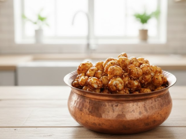 "Aved's Group Jaggery Makhana packet, a healthy roasted fox nut snack coated with pure organic jaggery." "Crunchy Gud Makhana (Fox Nuts) by Aved's Group, a refined sugar-free and iron-rich healthy Indian sweet snack." "Roasted Makhana with Jaggery coating, natural energy booster and preservative-free snack for weight loss."