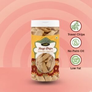 Healthy roasted ragi chips in a transparent plastic jar, nutritional snacks photography.