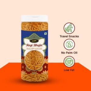 "Crunchy Ragi Bhujia snacks inside a clear transparent plastic jar, healthy finger snacks, high-resolution product photography on a plain background."