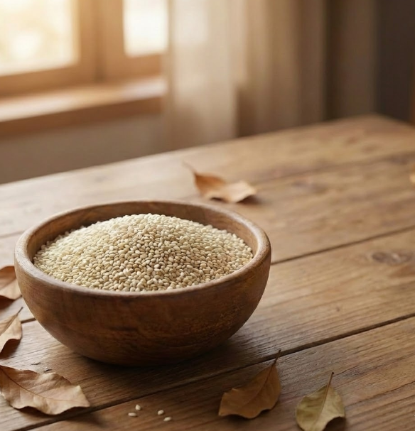 Sesame seeds (Til) rich in calcium, fiber, and healthy fats Raw white sesame seeds showing natural texture and nutrition Sesame seeds used in traditional Indian winter foods Til seeds close-up highlighting antioxidants and minerals Sesame seeds superfood for bone and heart health Til seeds with jaggery used in healthy Indian sweets Sesame seeds for calcium-rich vegetarian diet Til seeds used in Ayurveda and modern nutrition Natural sesame seeds for clean eating lifestyle Sesame seeds supporting digestion and immunity