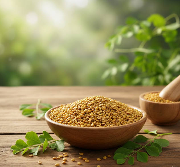 This picture can be used to identify fenugreek seeds and leaves, especially in an herbal guide, school project, or health blog. It shows what fenugreek looks like. , If someone is selling fenugreek seeds (such as a spice, supplement, or seed), this image can be used to showcase the quality and natural source of the product., It can serve as an eye-catching visual near the title of any health, nutrition, or culinary article, like the one we just created., This may inspire people to use fenugreek in their kitchen or try its recipes.