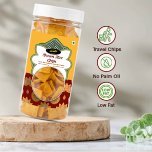 "Transparent jar filled with crispy brown rice chips, healthy snack photography, 400x400 size."