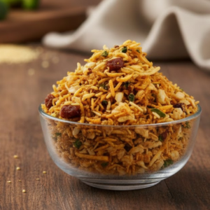 Close-up shot of Aved’s Group Black Chana Mixture featuring roasted black gram, spicy sev, and traditional Indian spices in a wooden bowl., Healthy protein-rich Black Chana Mixture snack by Aved’s Group, perfect for weight loss and fitness enthusiasts., A bowl of crispy and spicy Kala Chana (Black Gram) mixture on a wooden table with tea in the background, representing healthy Indian snacks.