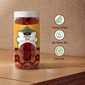 "Vibrant purple Beetroot chips inside a premium transparent jar, healthy vegetable snacks, professional product shot."