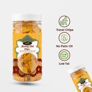 "Transparent plastic jar filled with crunchy Moong Dal chips, professional product photography on a clean background."