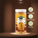 "Crunchy and healthy black chana chips in a transparent plastic jar, high protein snack."