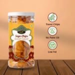 Crunchy and healthy Soya Chips in a transparent plastic jar. High-protein roasted Soya Chips snack, clear background. Healthy Indian tea-time snack, Soya Chips in a professional packaging.