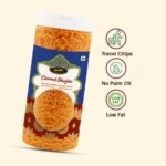 "Crunchy orange Carrot Bhujia in a clear premium jar, healthy vegetable snacks photography, plain white background."