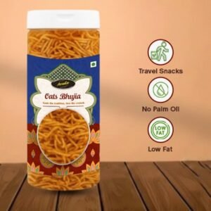 "Crispy Oats Bhujia in a clear premium jar, healthy Indian savory snack, professional food photography."