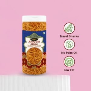 "Golden crispy Moong Dal Bhujia in a clear premium jar, traditional Indian savory snack, high-quality product photography."