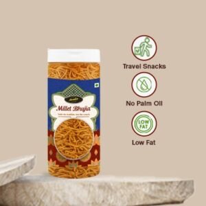 "Crispy Millet Bhujia in a clear transparent jar, healthy Indian savory snack, professional product photography on a white background."