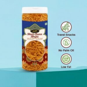 "Crispy Black Chana Bhujia snacks in a clear premium jar, high-protein Indian savory snack photography."