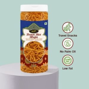 "Crunchy Brown Rice Bhujia snacks in a premium transparent plastic jar, healthy tea-time Indian namkeen photography."