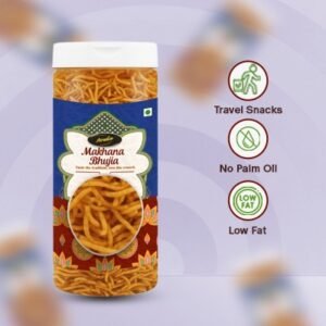 "Crunchy Makhana Bhujia snacks in a clear premium jar, healthy Indian namkeen, professional food photography on a white background."