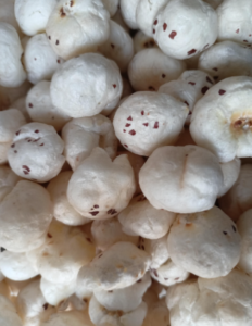 “White bowl filled with crispy makhana fox nuts with fresh makhana pieces scattered on a clean background, representing a healthy snack option.”